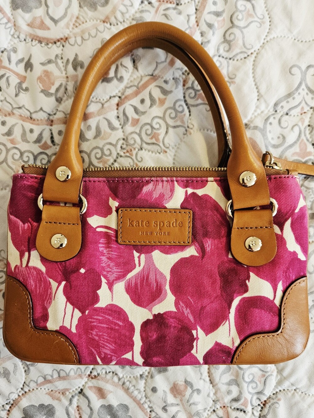 Vintage Kate Spade Pink Floral Canvas/Leather Handbag